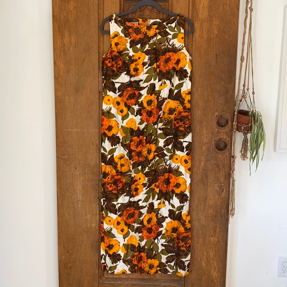 Vintage floral maxi dress side slits boatneck